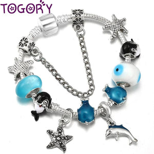 Summer Dolphin Starfish Pendant Charm Bracelet with Silver Beads