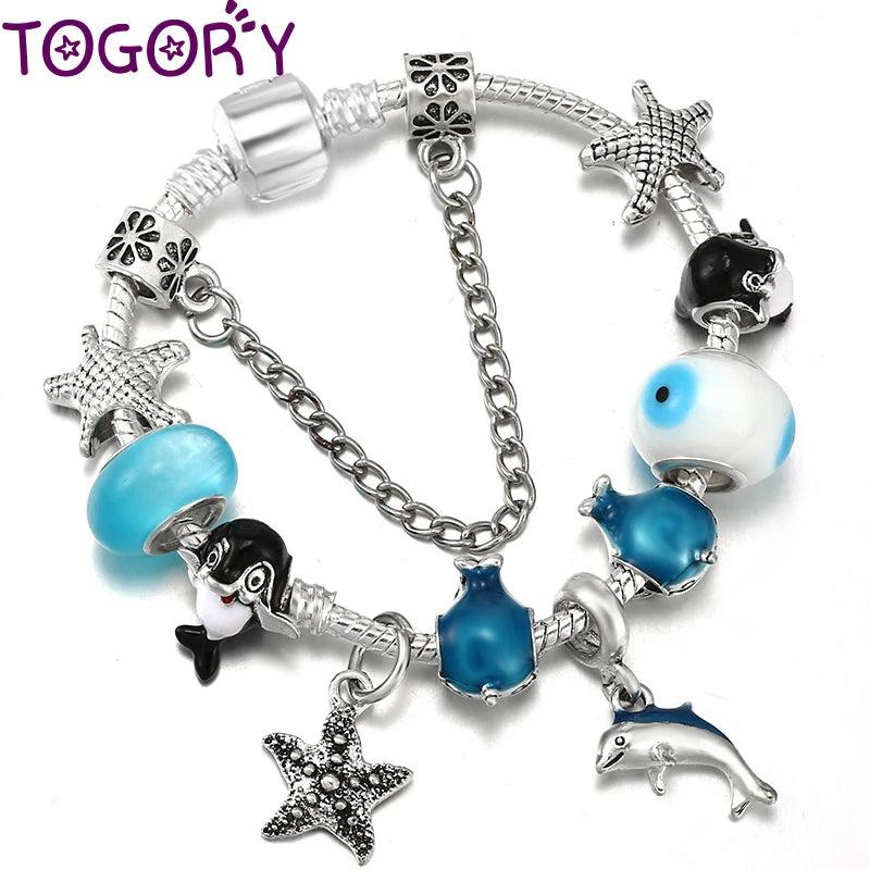 Summer Dolphin Starfish Pendant Charm Bracelet with Silver Beads