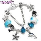 Summer Dolphin Starfish Pendant Charm Bracelet with Silver Beads