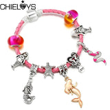 Pink Leather Chain Charm Bracelets With Mermaid Snake Pendant Bracelet