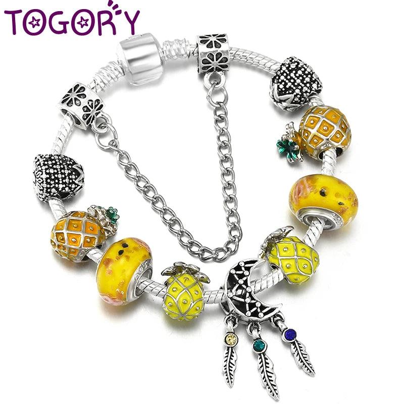 Pineapple Beads Charm Bracelet with Silver Plated Bangle