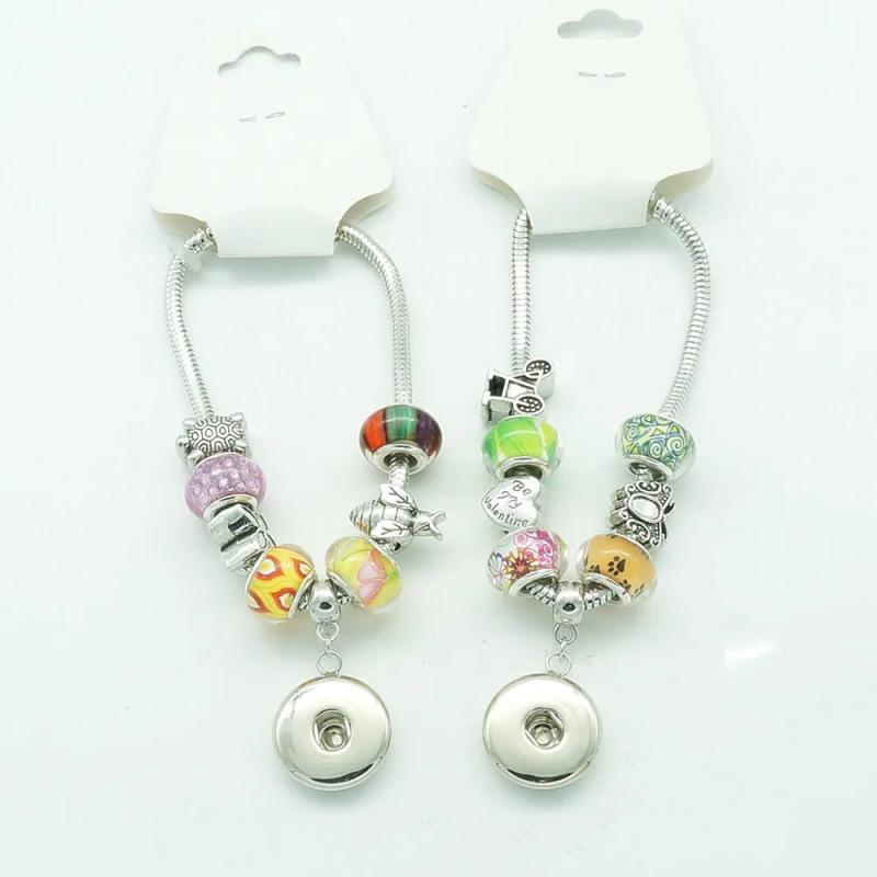 Silver Glass Beads Snap Bracelet 18MM Snap Buttons Jewelry AB0030