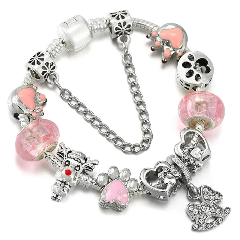 Pink Heart Chain Charm Bracelet with Dog Paw Beads Bangle for Women Men