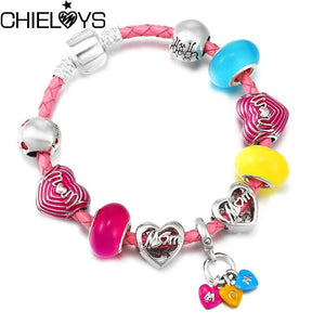 Pink Leather Chain Charm Bracelets With Enamel Colorful MOM Beads Bracelet