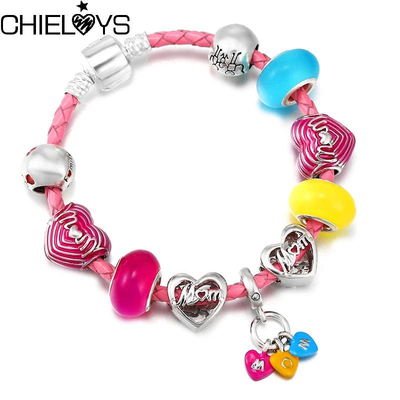Pink Leather Chain Charm Bracelets With Enamel Colorful MOM Beads Bracelet