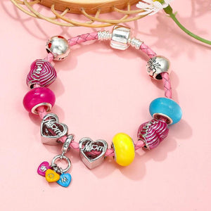Pink Leather Chain Charm Bracelets With Enamel Colorful MOM Beads Bracelet