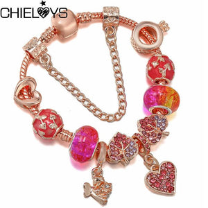 Snake Chain Crystal Heart Charms Bracelet DIY Jewelry
