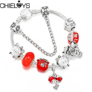 Red Lucky Bag Piggy Bank Beads Pendant Charm Bracelet For Women
