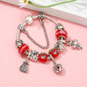 Lucky Cat Pendant Bracelet Silver Plated Purse Red Glass Beads for Women
