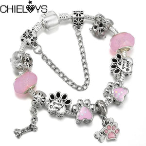 Pink Cartoon Snake Chain Charm Bracelet for Women with Dog Paw Charms