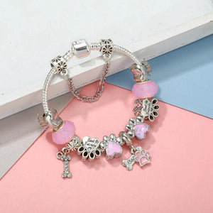 Pink Cartoon Snake Chain Charm Bracelet for Women with Dog Paw Charms