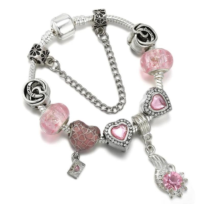 Pink Heart Balloon Beads Pendant Snake Chain Bracelet