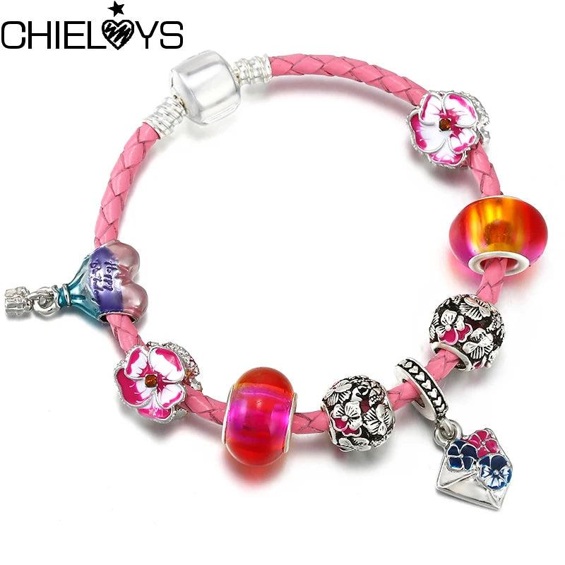 Pink Leather Chain Bracelet with Pansy Helium Balloon Beads
