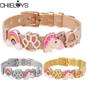 Rose Stainless Steel Mesh Bracelet Set with Heart Lock Charm Bangle