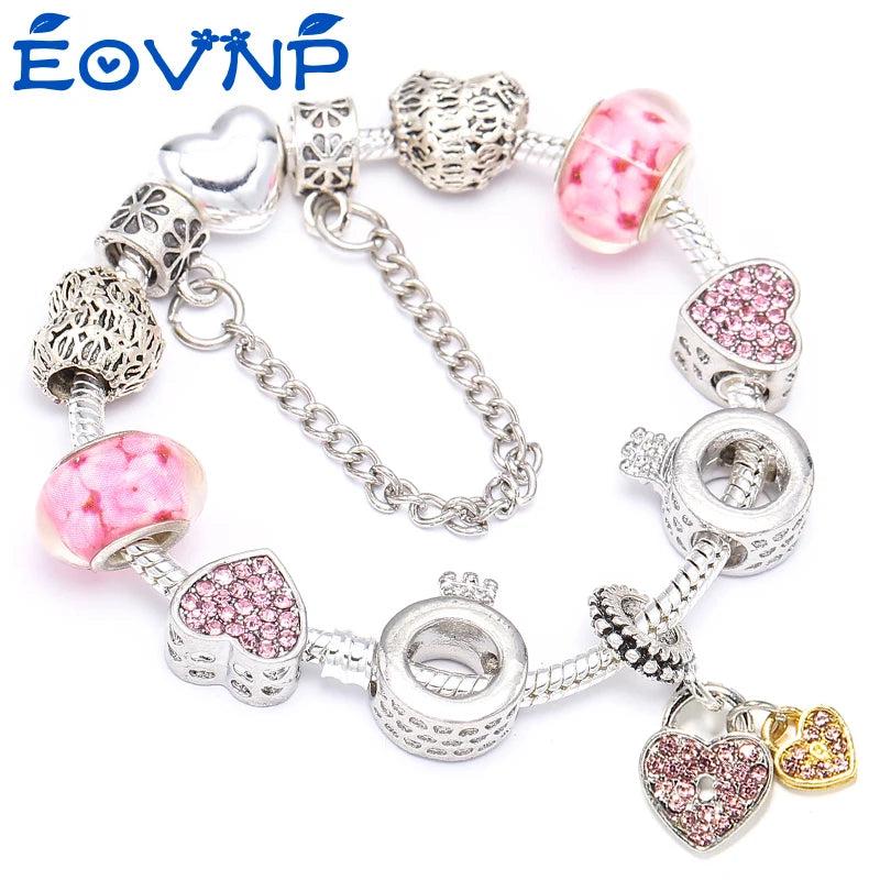 Romantic Style Charm Bracelet Pink Heart Beads Fine Jewelry Gift