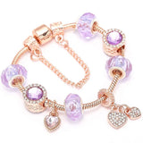 Purple Crystal Beads Charm Bracelet Heart Pendant Snake Chain
