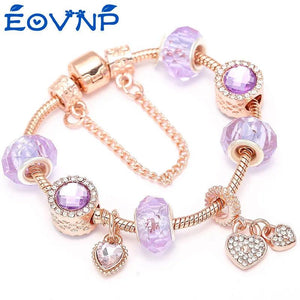 Purple Crystal Beads Charm Bracelet Heart Pendant Snake Chain