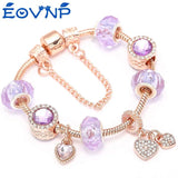 Purple Crystal Beads Charm Bracelet Heart Pendant Snake Chain