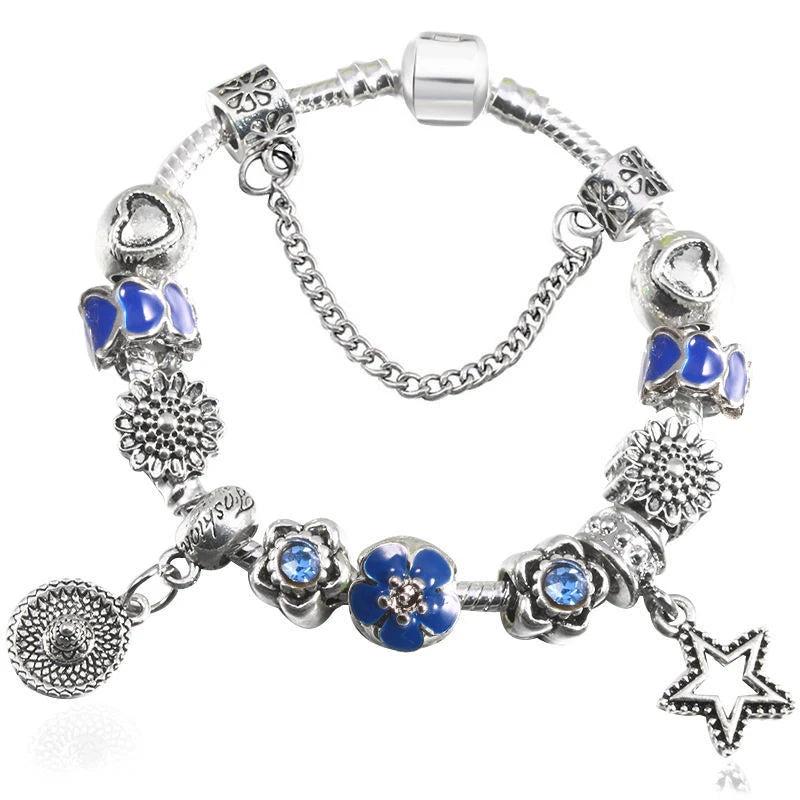 Silver Charm Bracelet with Flower Beads for Women