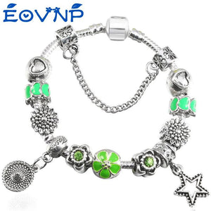 Silver Charm Bracelet with Flower Beads for Women