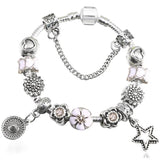 Silver Charm Bracelet with Flower Beads for Women