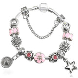 Silver Charm Bracelet with Flower Beads for Women