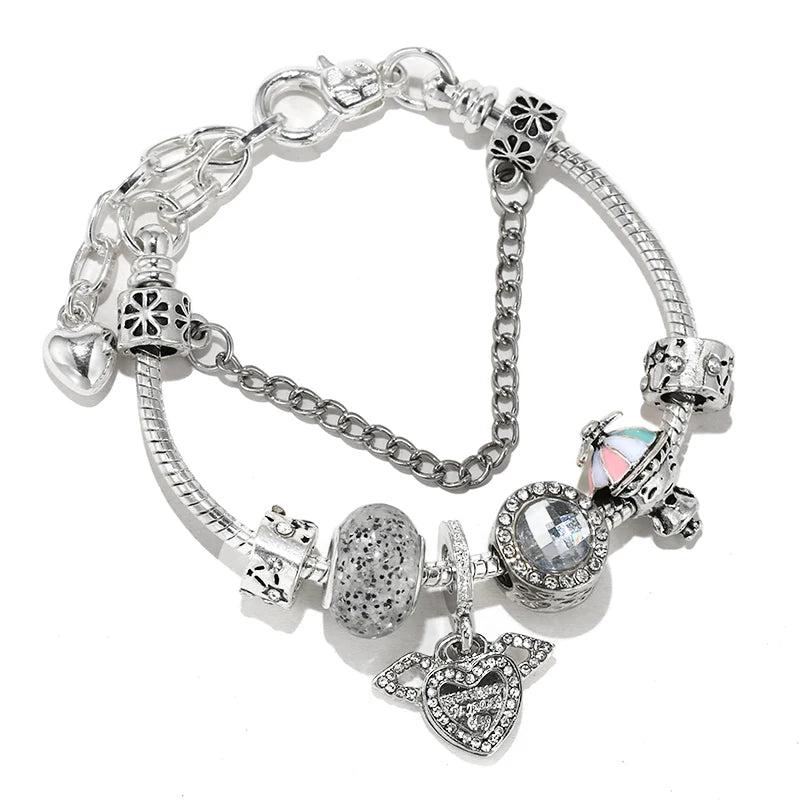 Crystal Wing Heart Charm Beads Pendant DIY Bracelet