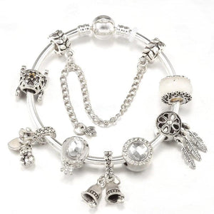 Silver Bear Crown Beads Charm Bracelets DIY Bangles Women Men Fiancee
