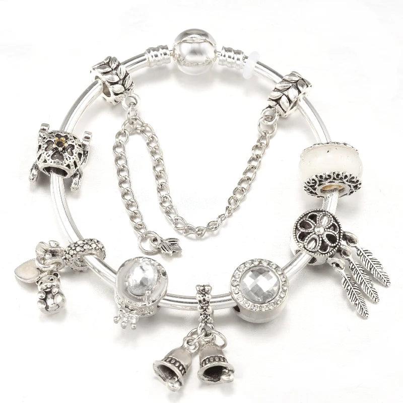 Silver Bear Crown Beads Charm Bracelets DIY Bangles Women Men Fiancee