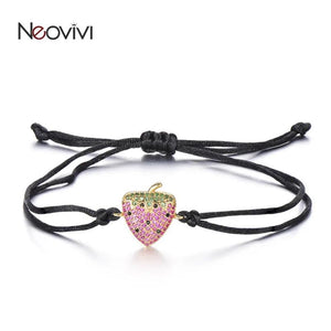 Strawberry Bracelets Girl DIY Micro Pave Zircon Charm Red Rope Jewelry Women