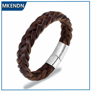 Vintage Stainless Steel Chain Leather Bracelet