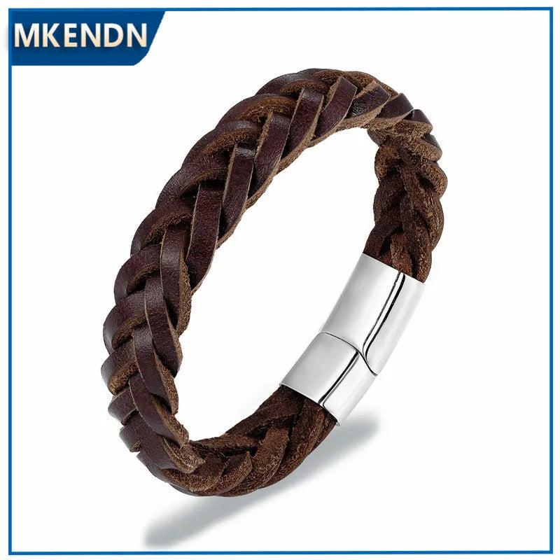 Vintage Stainless Steel Chain Leather Bracelet