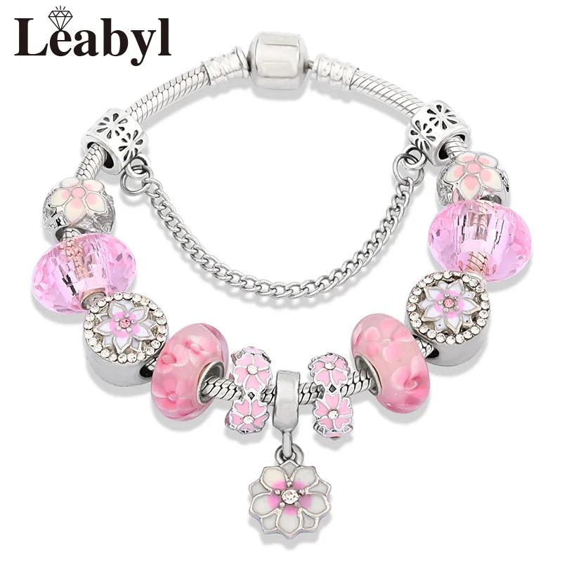 Pink Crystal Enamel Cherry Blossoms Flower Charm Bracelet Silver