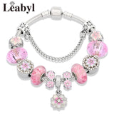 Pink Crystal Enamel Cherry Blossoms Flower Charm Bracelet Silver