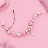 Pink Crystal Enamel Cherry Blossoms Flower Charm Bracelet Silver