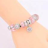 Pink Crystal Enamel Cherry Blossoms Flower Charm Bracelet Silver
