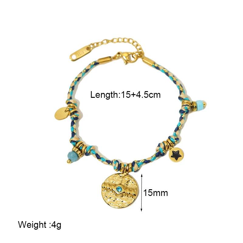 Colorful Cotton Rope Choker Stone Charms Coin Pendant Necklace Bracelet