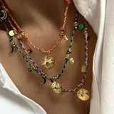 Colorful Cotton Rope Choker Stone Charms Coin Pendant Necklace Bracelet