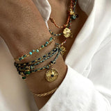 Colorful Cotton Rope Choker Stone Charms Coin Pendant Necklace Bracelet