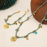 Colorful Cotton Rope Choker Stone Charms Coin Pendant Necklace Bracelet