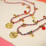 Colorful Cotton Rope Choker Stone Charms Coin Pendant Necklace Bracelet
