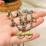 Colorful Cotton Rope Choker Stone Charms Coin Pendant Necklace Bracelet