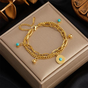 Green Stone Charm Bracelet for Women, Stainless Steel Wrist Jewelry