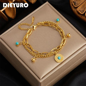 Green Stone Charm Bracelet for Women, Stainless Steel Wrist Jewelry