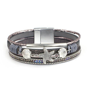 Boho Charm Leather Bracelet with Starfish Shell & Crystal Beads