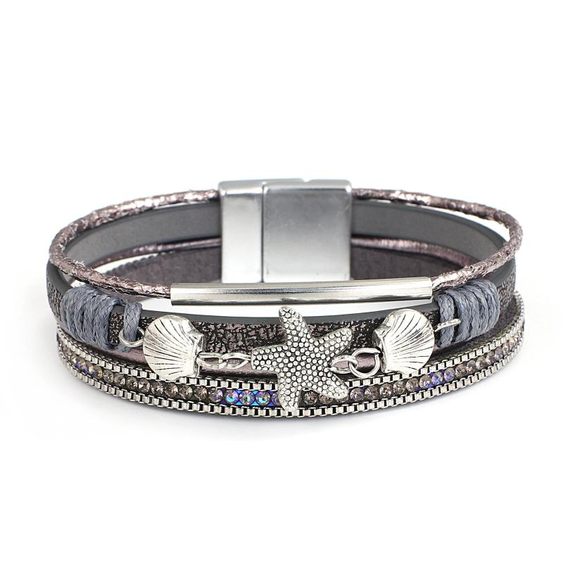 Boho Charm Leather Bracelet with Starfish Shell & Crystal Beads
