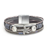 Boho Charm Leather Bracelet with Starfish Shell & Crystal Beads