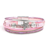 Boho Charm Leather Bracelet with Starfish Shell & Crystal Beads