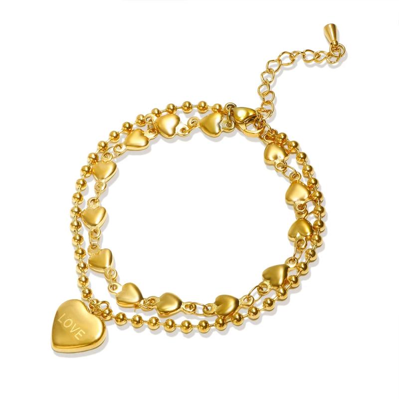 316L Stainless Steel Double Heart Charm Bracelet Beaded Chain Women Wrist