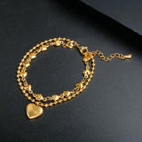 316L Stainless Steel Double Heart Charm Bracelet Beaded Chain Women Wrist